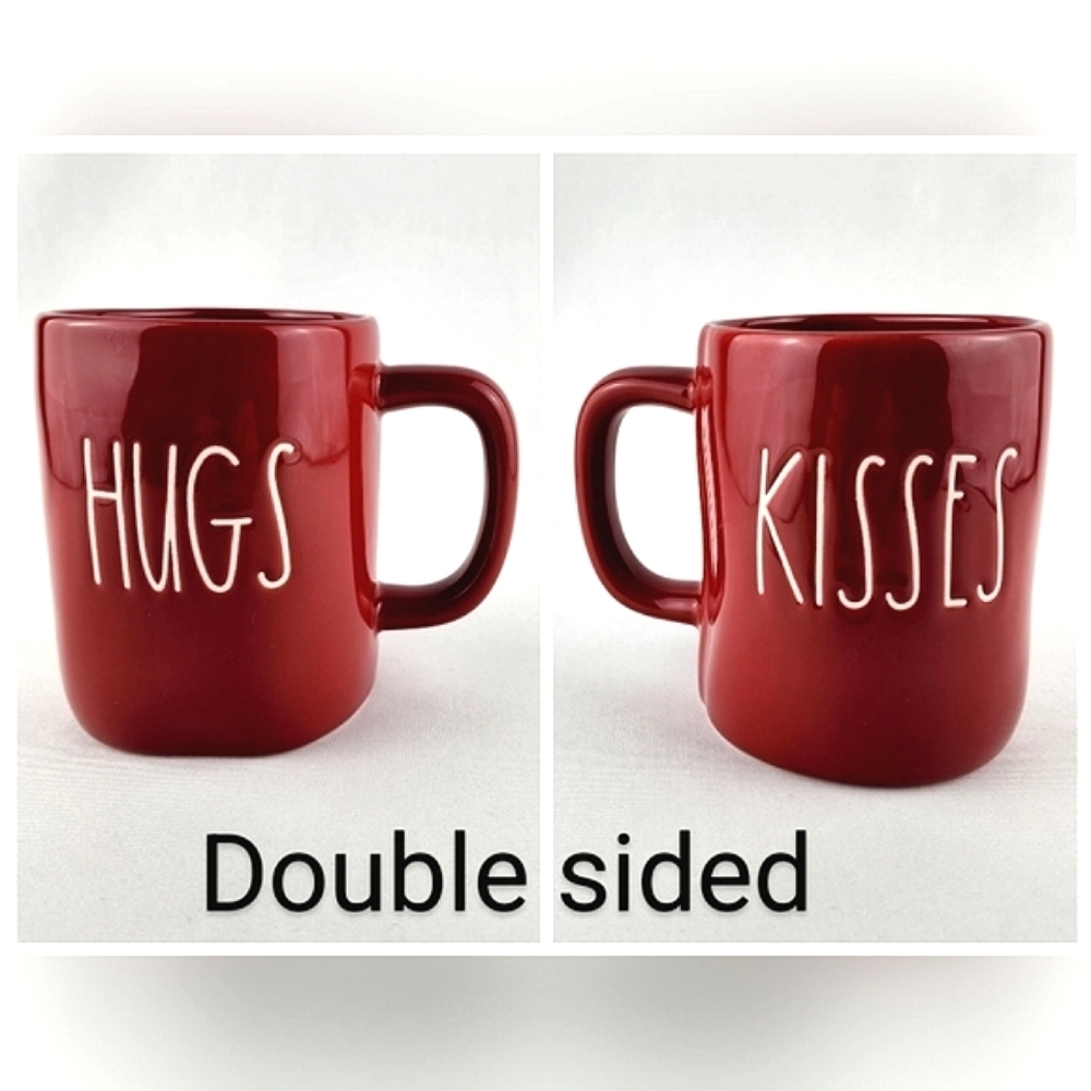 Rae Dunn Glossy Red Coffee Mug Double Sided HUGS KISSES White Large Letters